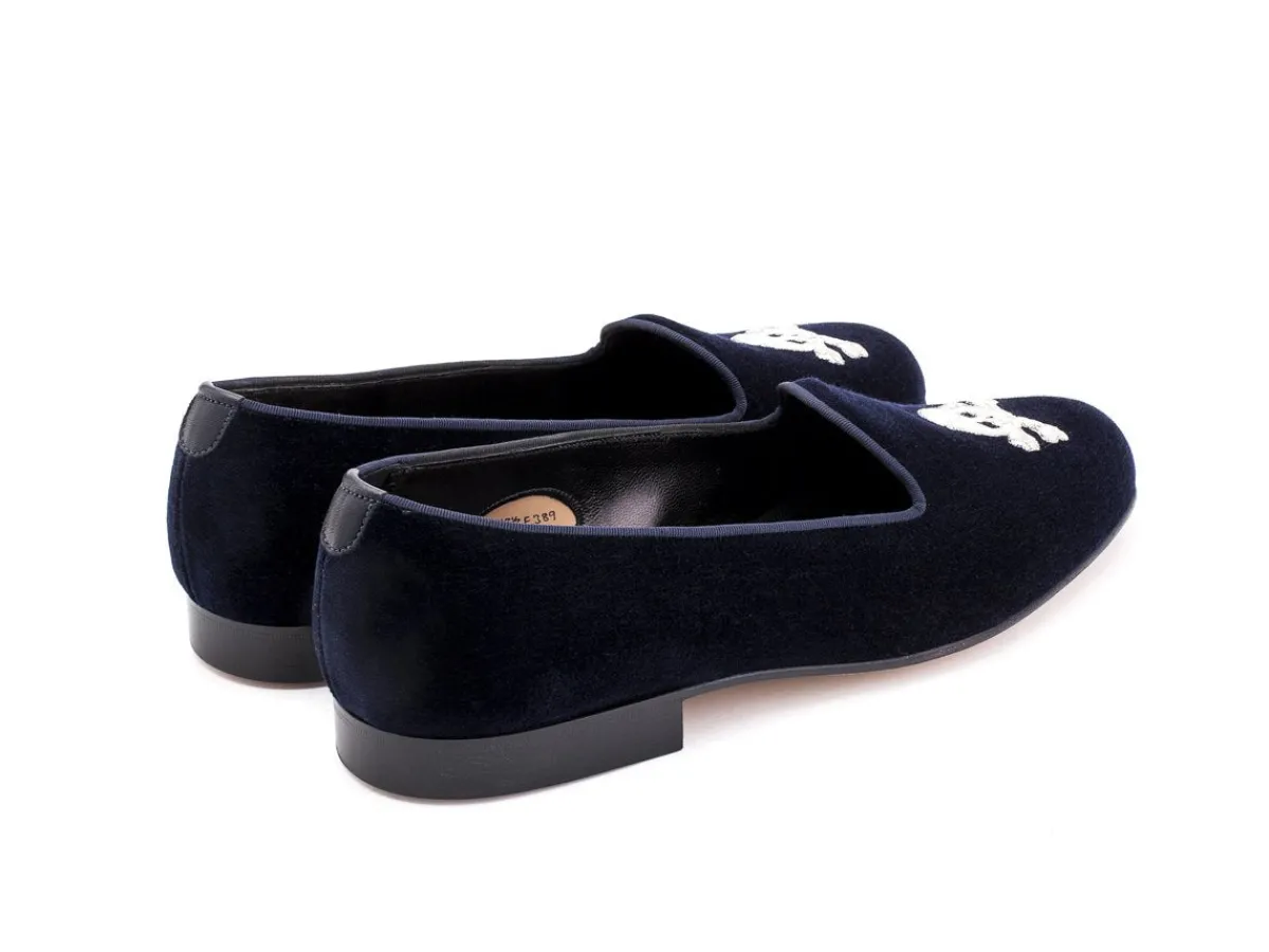 Wide Fitting | Slippers<Edward Green Albert Skull & Crossbones Navy Velvet F-width