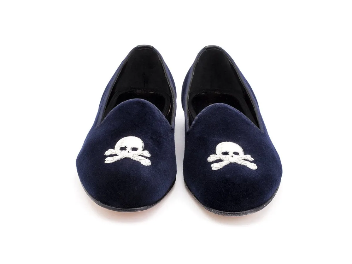 Wide Fitting | Slippers<Edward Green Albert Skull & Crossbones Navy Velvet F-width