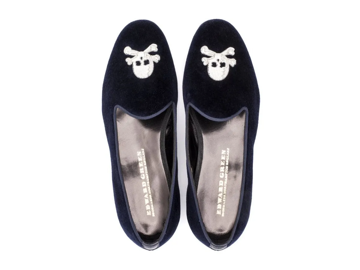 Wide Fitting | Slippers<Edward Green Albert Skull & Crossbones Navy Velvet F-width
