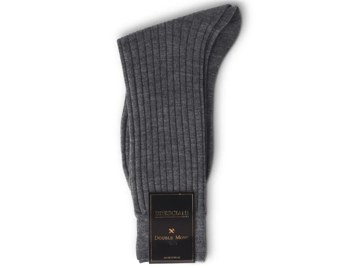 Socks<Bresciani Calf Length 100% Wool Socks Plain Ribbed Grey