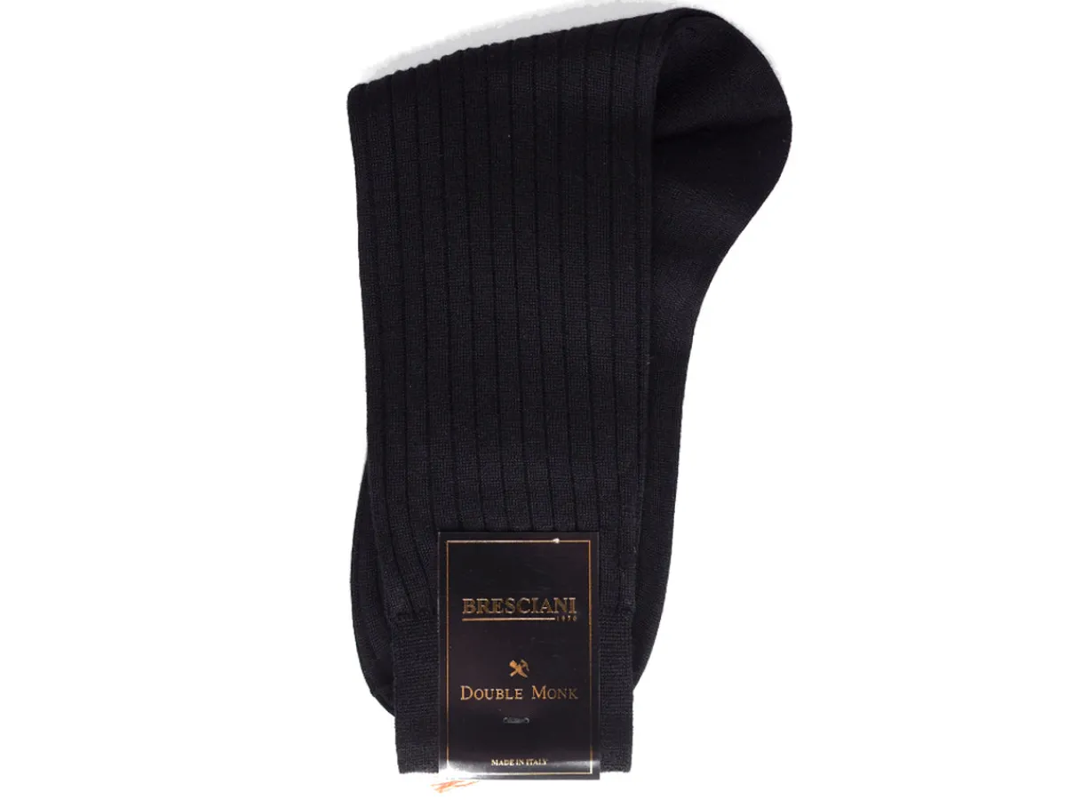 Socks<Bresciani Calf Length 100% Wool Socks Plain Ribbed Black