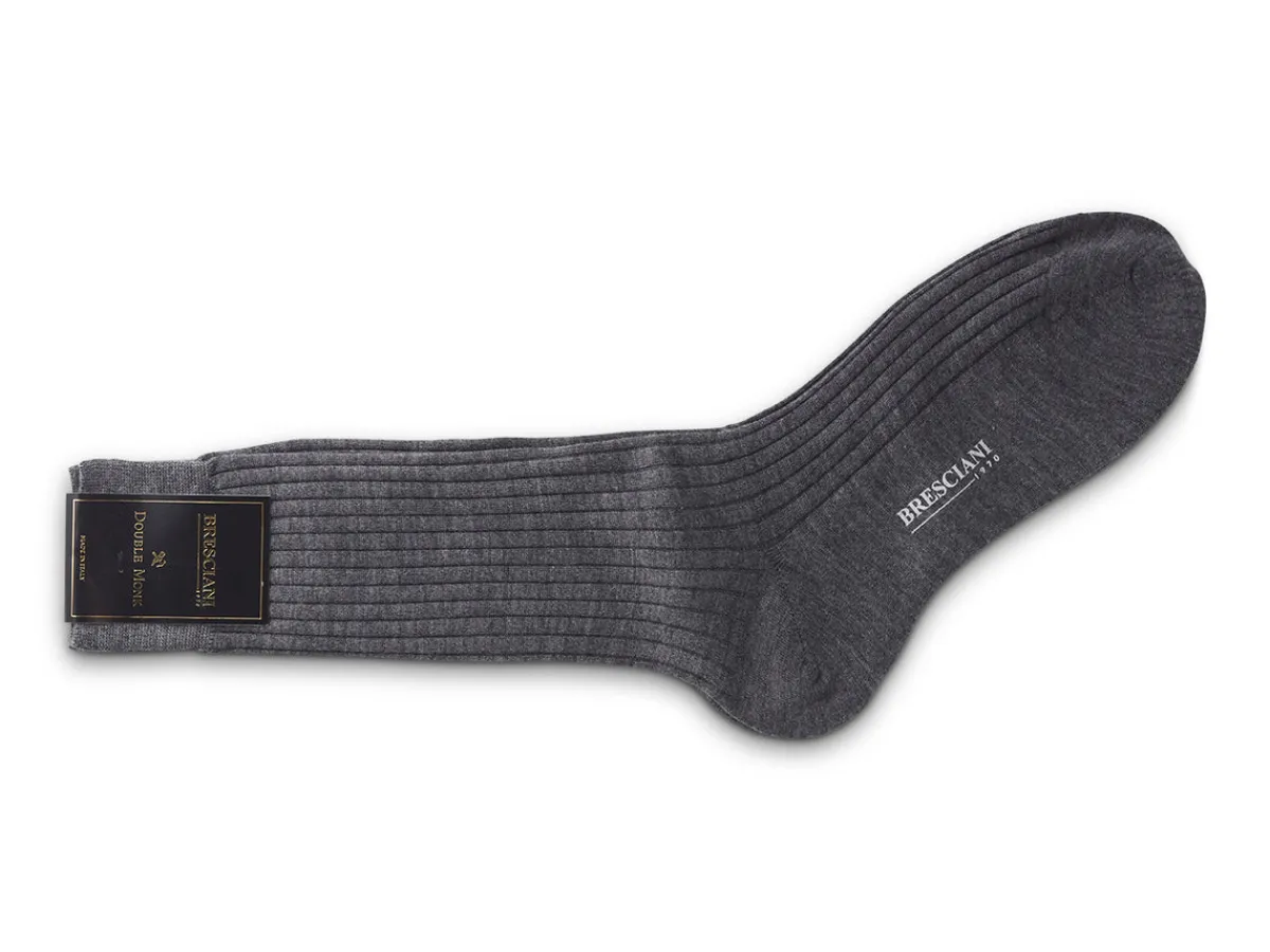 Socks<Bresciani Calf Length 100% Wool Socks Plain Ribbed Grey