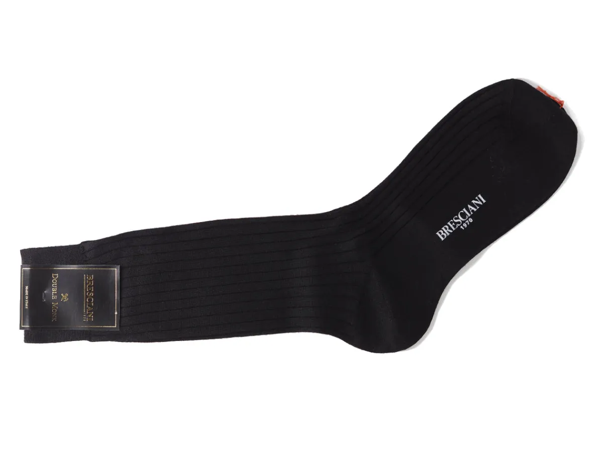 Socks<Bresciani Calf Length 100% Wool Socks Plain Ribbed Black
