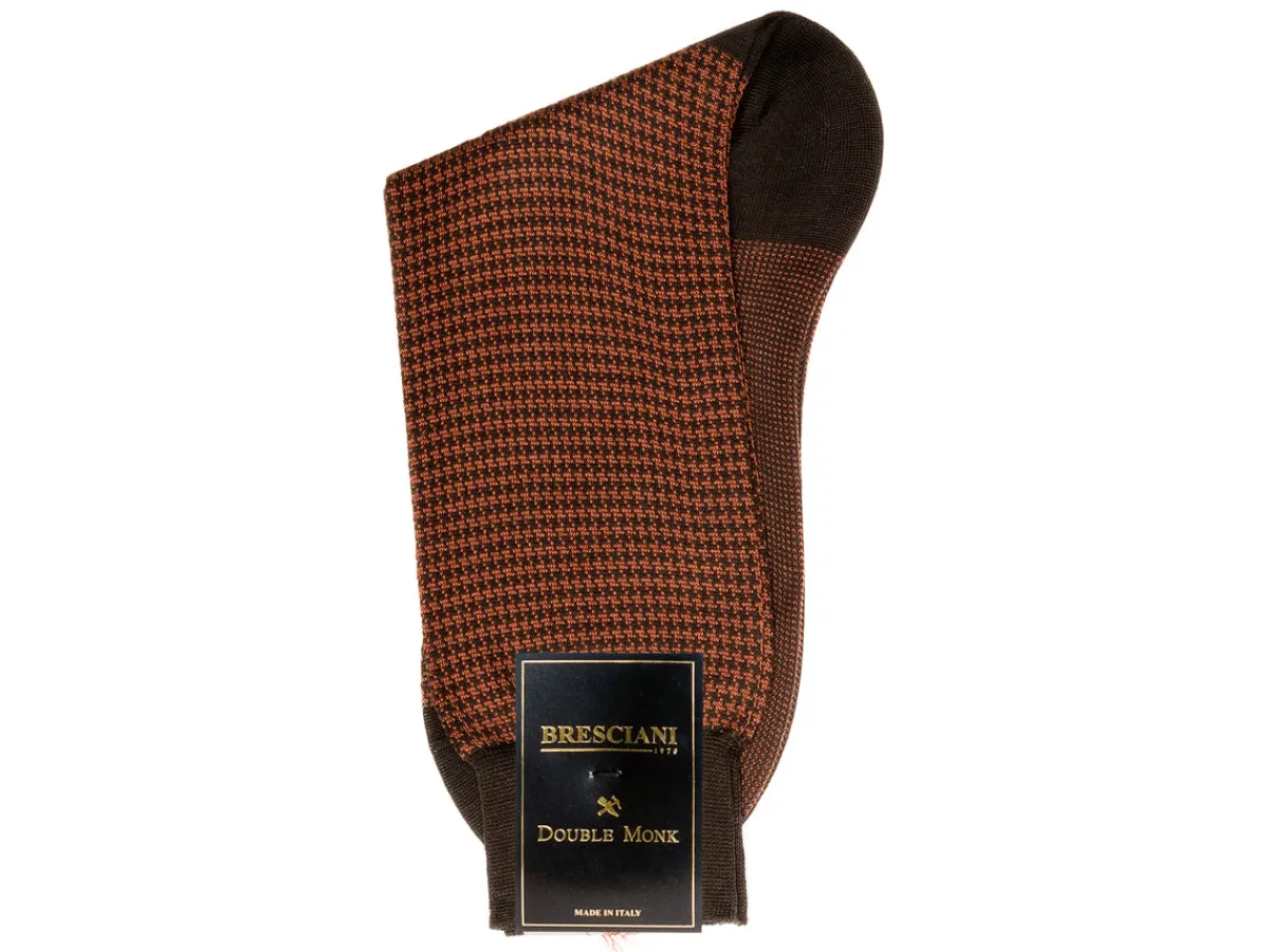 Socks<Bresciani Calf Length Cotton Socks Brown & Tan Dogstooth