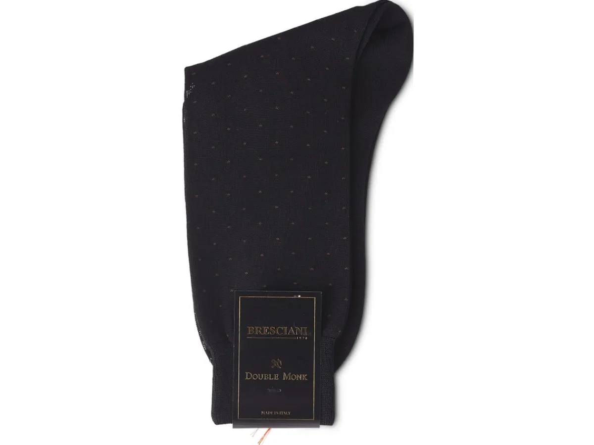 Socks<Bresciani Calf Length Cotton Socks Black with Mocha Spots