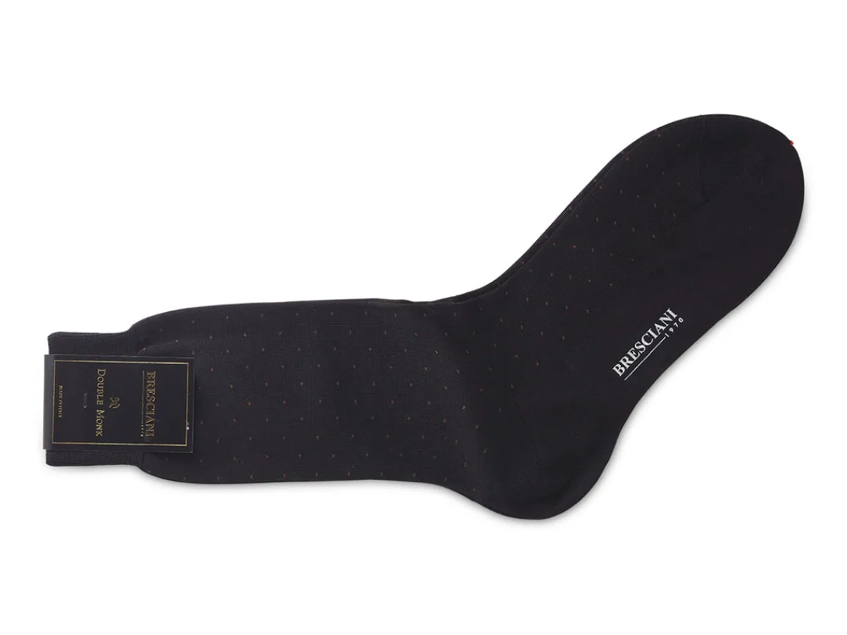 Socks<Bresciani Calf Length Cotton Socks Black with Mocha Spots