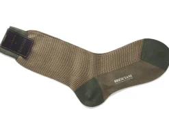 Socks<Bresciani Calf Length Cotton Socks Military Green & Walnut Dogstooth