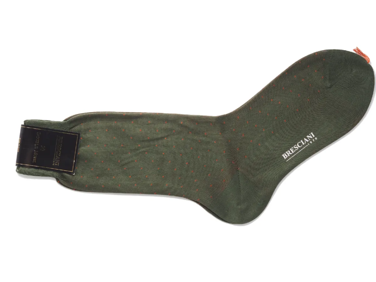 Socks<Bresciani Calf Length Cotton Socks Military Green with Brick Spots