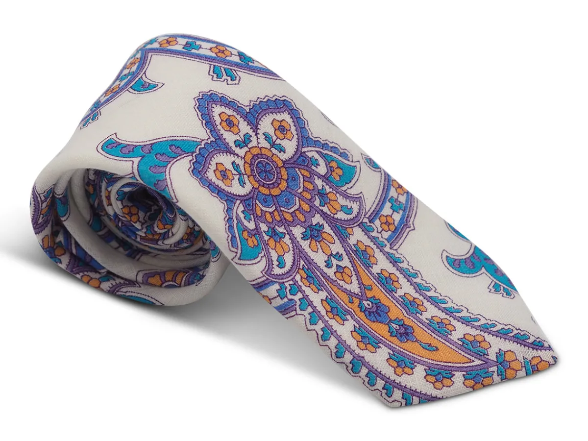 Ties<Double Monk Linen Tie Large Paisley White